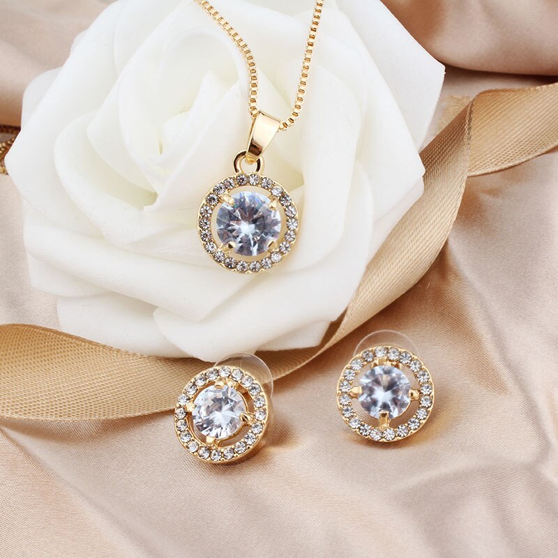 Simple Female White Crystal Jewelry Set Charm Gold Silver Color Stud Earring For Women Cute Ring Bracelet Wedding Chain Necklace