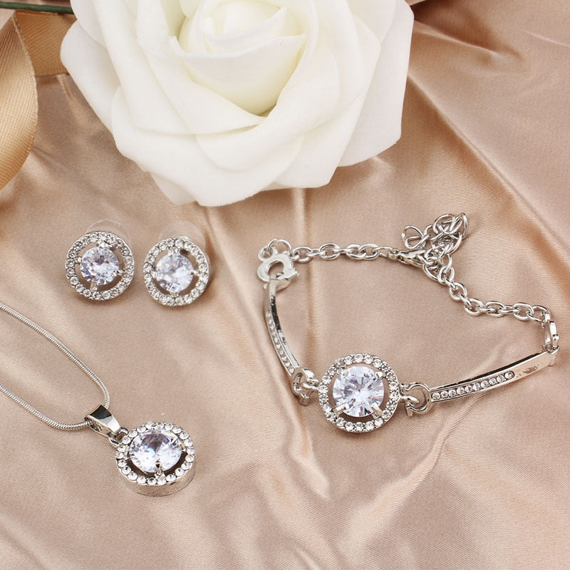 Simple Female White Crystal Jewelry Set Charm Gold Silver Color Stud Earring For Women Cute Ring Bracelet Wedding Chain Necklace