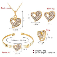 Fashion Dubai Gold Jewelry Sets Crystal Heart Necklace Bangle Ring Earrings Set Wedding Gift African Nigeria Jewelry for Women