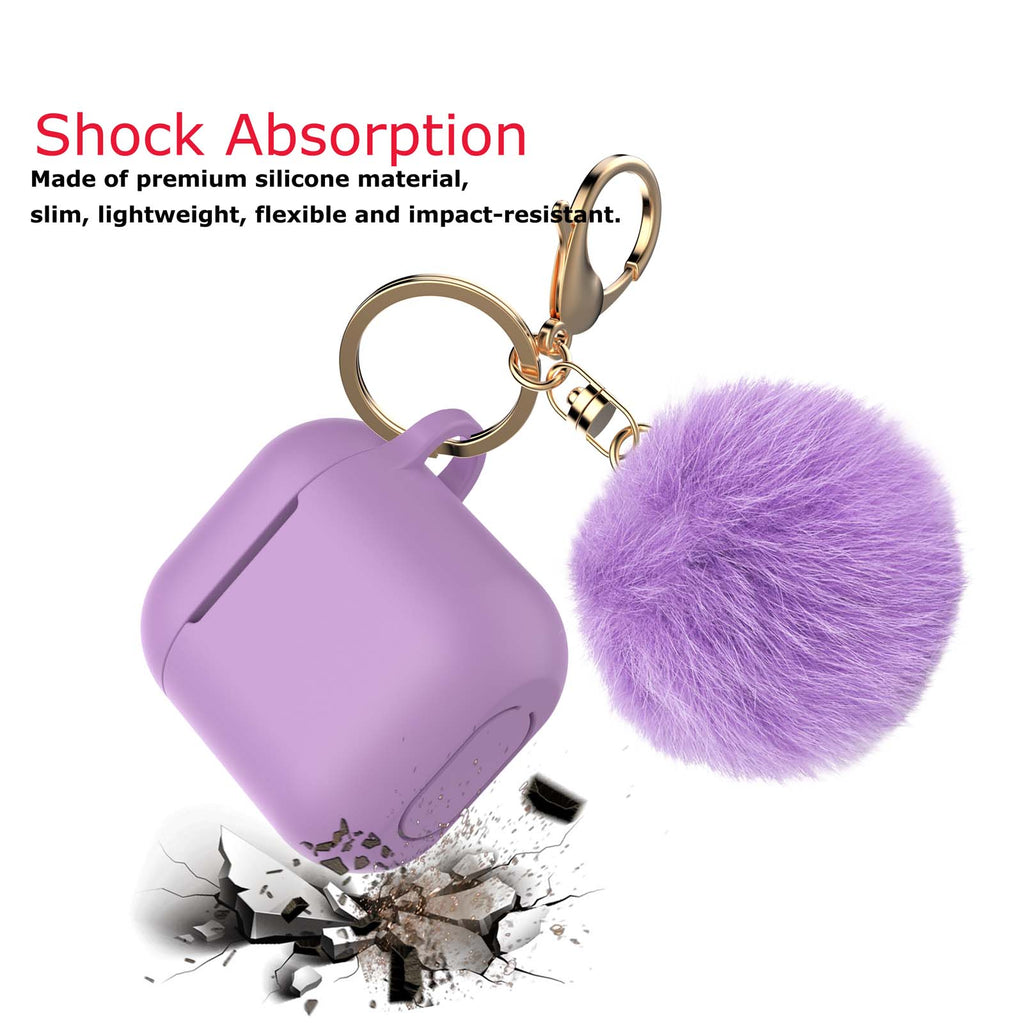 Airpods Case Silicone, Airpods 1st Case Fur Ball, Njjex Cute AirPods Silicon Case with Airpods Accessories Gold Keychain/Skin/Pompom (Front LED Visible) -Purple