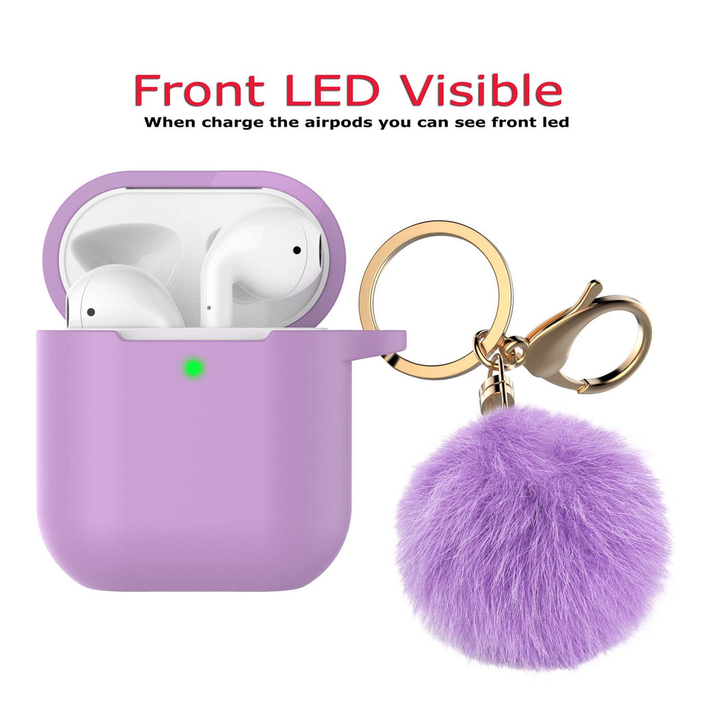 Airpods Case Silicone, Airpods 1st Case Fur Ball, Njjex Cute AirPods Silicon Case with Airpods Accessories Gold Keychain/Skin/Pompom (Front LED Visible) -Purple