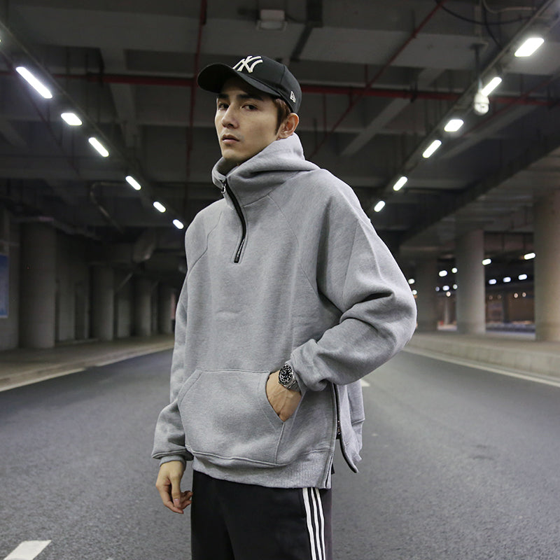 Oversize solid half-zip fleece pullover hoodie