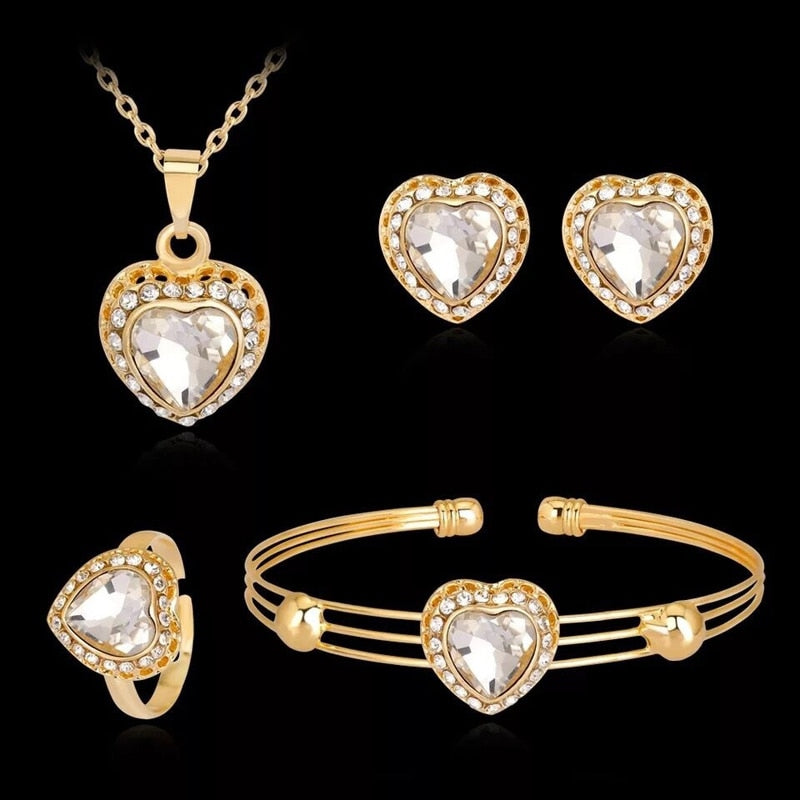 Fashion Dubai Gold Jewelry Sets Crystal Heart Necklace Bangle Ring Earrings Set Wedding Gift African Nigeria Jewelry for Women