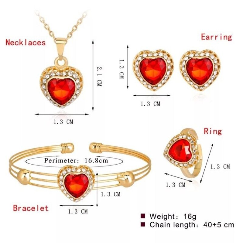 Fashion Dubai Gold Jewelry Sets Crystal Heart Necklace Bangle Ring Earrings Set Wedding Gift African Nigeria Jewelry for Women