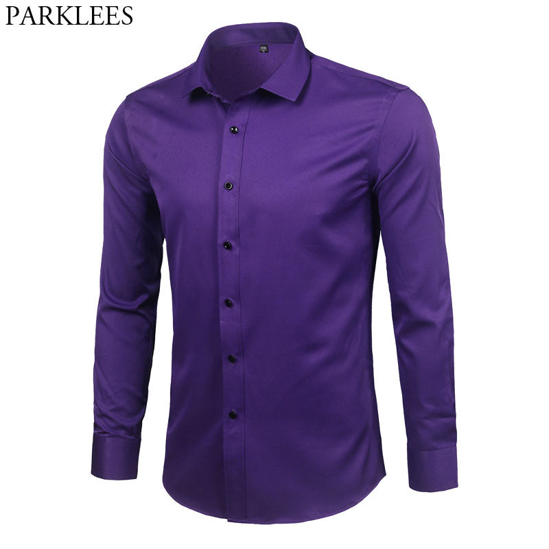 Purple Men's Bamboo Fiber Dress Shirt 2018 Brand New Slim Fit Long Sleeve Chemise Homme Non Iron Easy Care Formal Shirt For Men