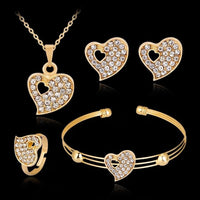 Fashion Dubai Gold Jewelry Sets Crystal Heart Necklace Bangle Ring Earrings Set Wedding Gift African Nigeria Jewelry for Women