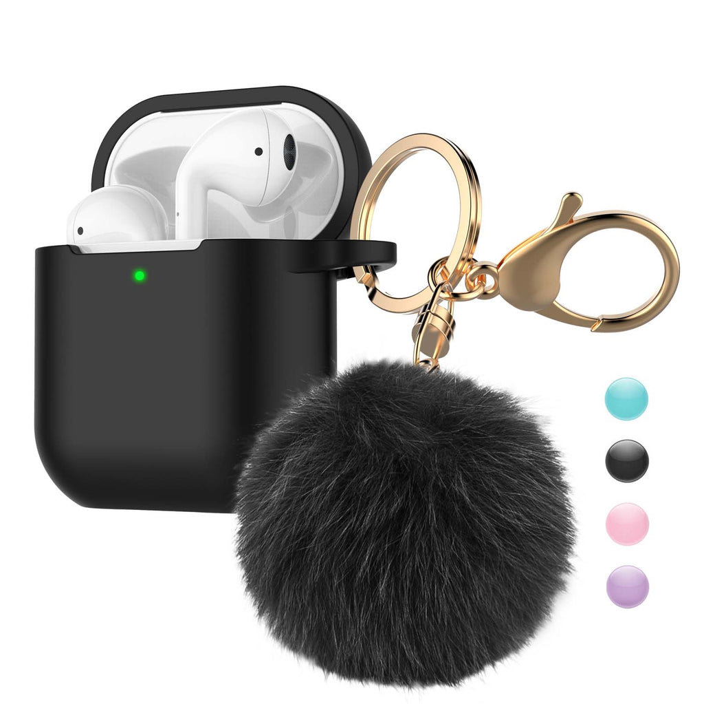 Airpods Case Silicone, Airpods 1st Case Fur Ball, Njjex Cute AirPods Silicon Case with Airpods Accessories Gold Keychain/Skin/Pompom (Front LED Visible) -Purple