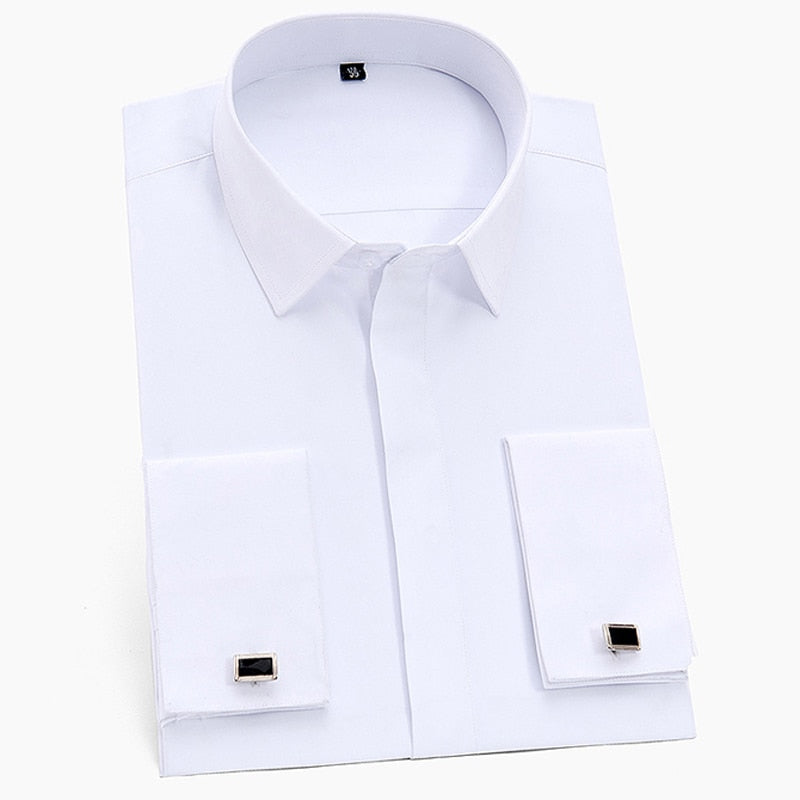 Men's Classic Hidden Buttons French Cuffs Solid Dress Shirt