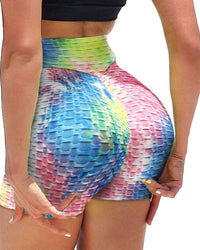 High Waist Tie Dye Print Butt Lifting Bubble Textured Yoga Shorts