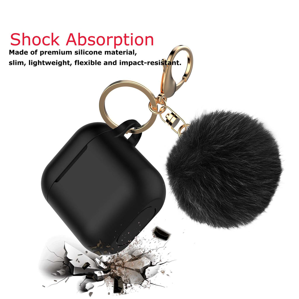 Airpods Case Silicone, Airpods 1st Case Fur Ball, Njjex Cute AirPods Silicon Case with Airpods Accessories Gold Keychain/Skin/Pompom (Front LED Visible) -Purple