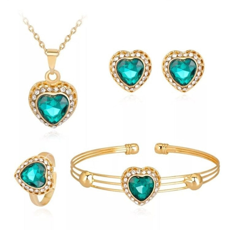 Fashion Dubai Gold Jewelry Sets Crystal Heart Necklace Bangle Ring Earrings Set Wedding Gift African Nigeria Jewelry for Women