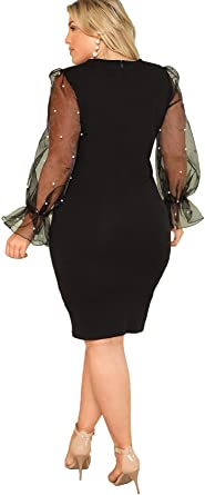 SheIn Women's Plus Size Elegant Mesh Contrast Pearl Beading Sleeve Stretchy Bodycon Pencil Dress