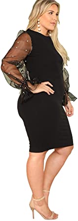 SheIn Women's Plus Size Elegant Mesh Contrast Pearl Beading Sleeve Stretchy Bodycon Pencil Dress