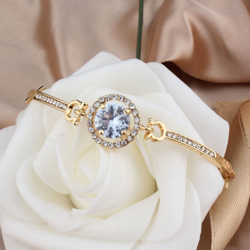 Simple Female White Crystal Jewelry Set Charm Gold Silver Color Stud Earring For Women Cute Ring Bracelet Wedding Chain Necklace