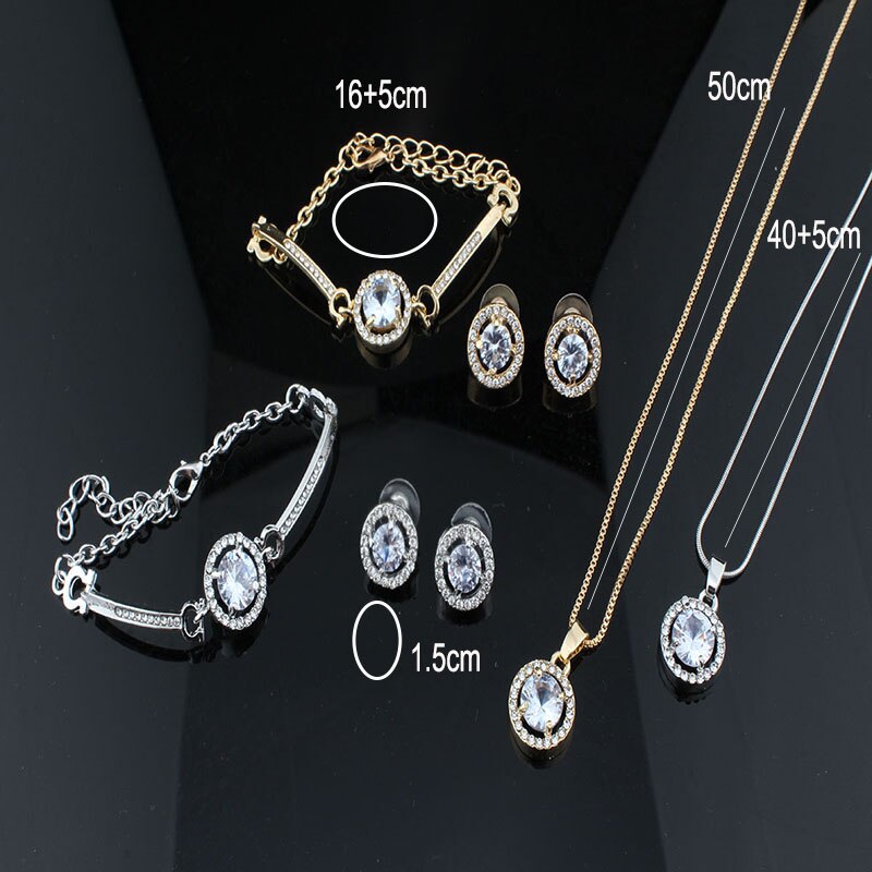 Simple Female White Crystal Jewelry Set Charm Gold Silver Color Stud Earring For Women Cute Ring Bracelet Wedding Chain Necklace