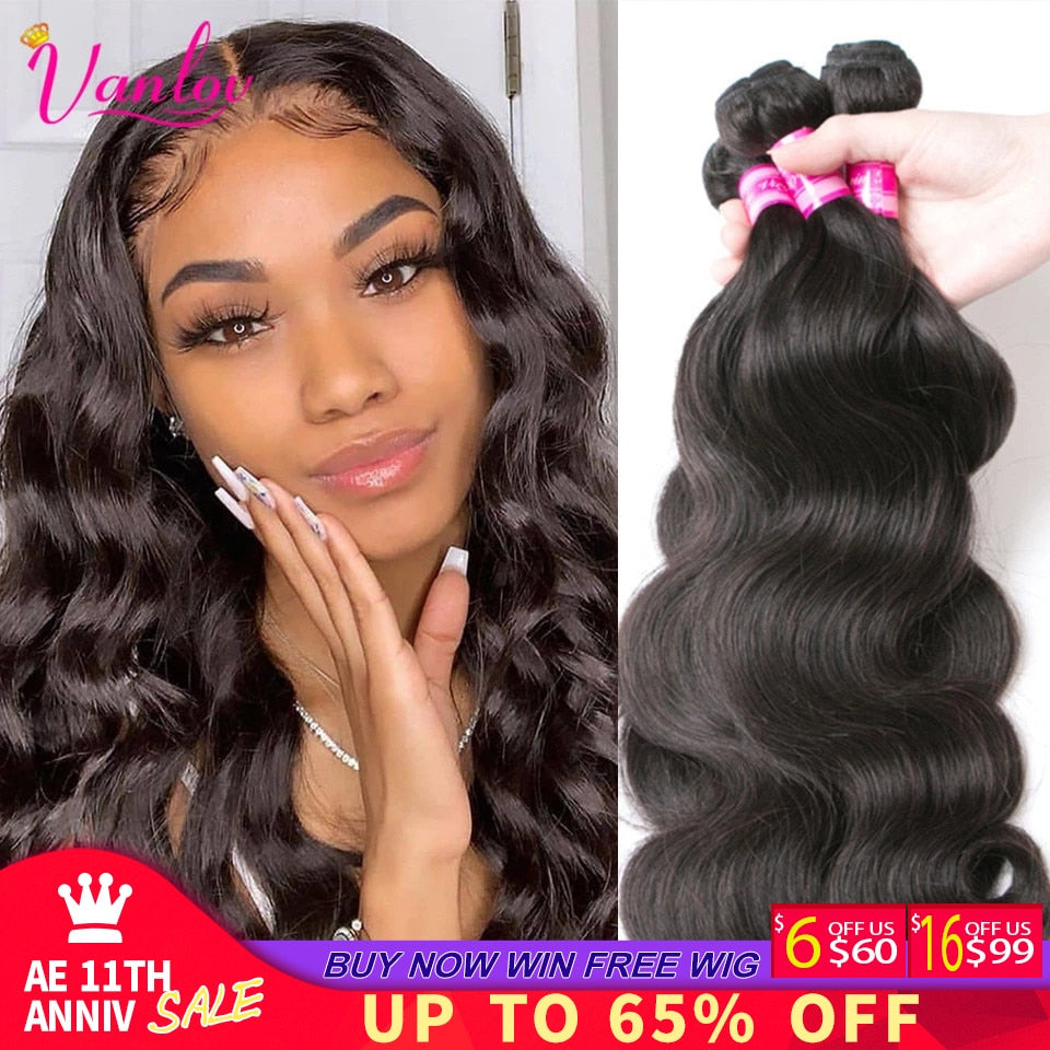 Vanlov Brazilian Body Wave Hair Bundles Natural Black&Jet Black Human Hair Weave Bundles 1/3/4 Piece 8-30” Remy Hair Extensions