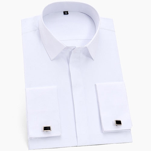 Men's Classic Hidden Buttons French Cuffs Solid Dress Shirt