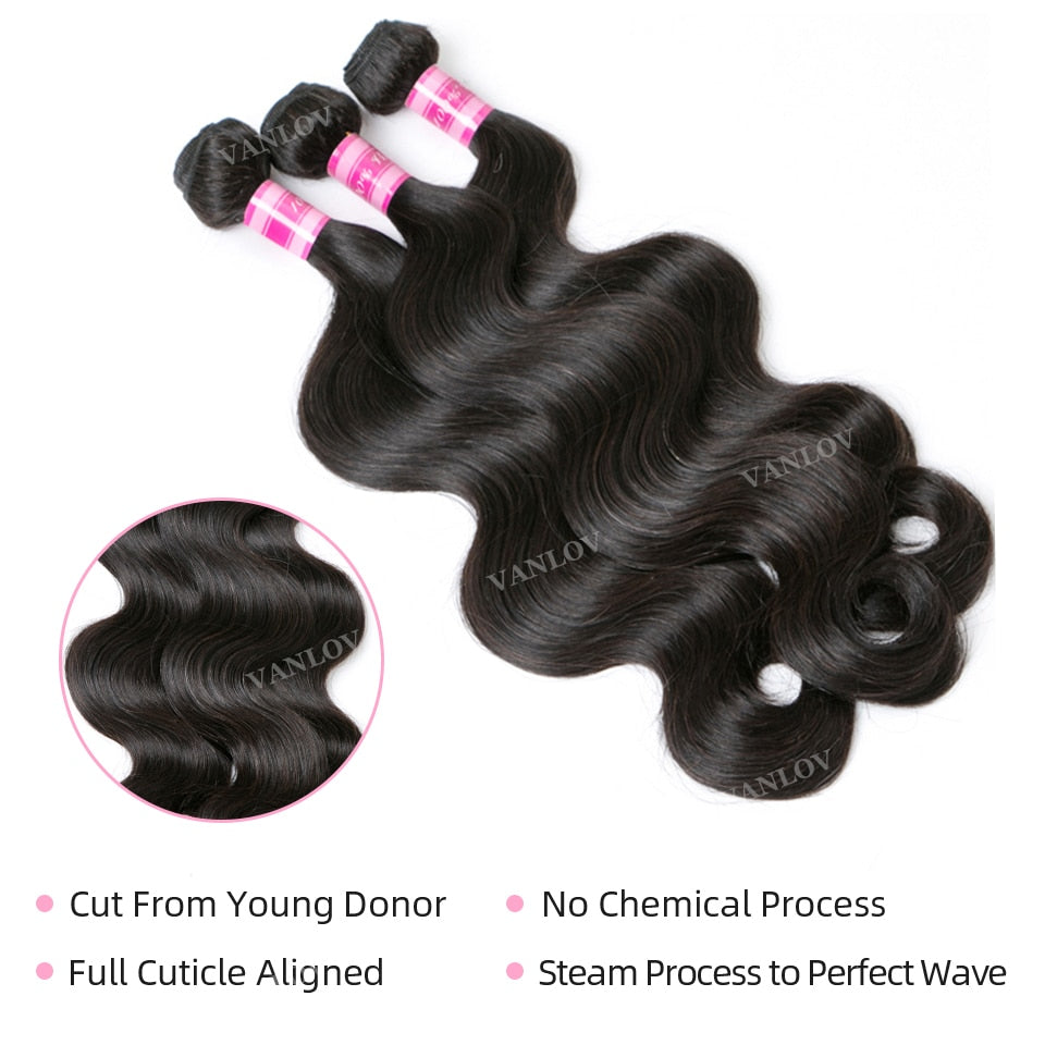 Vanlov Brazilian Body Wave Hair Bundles Natural Black&Jet Black Human Hair Weave Bundles 1/3/4 Piece 8-30” Remy Hair Extensions