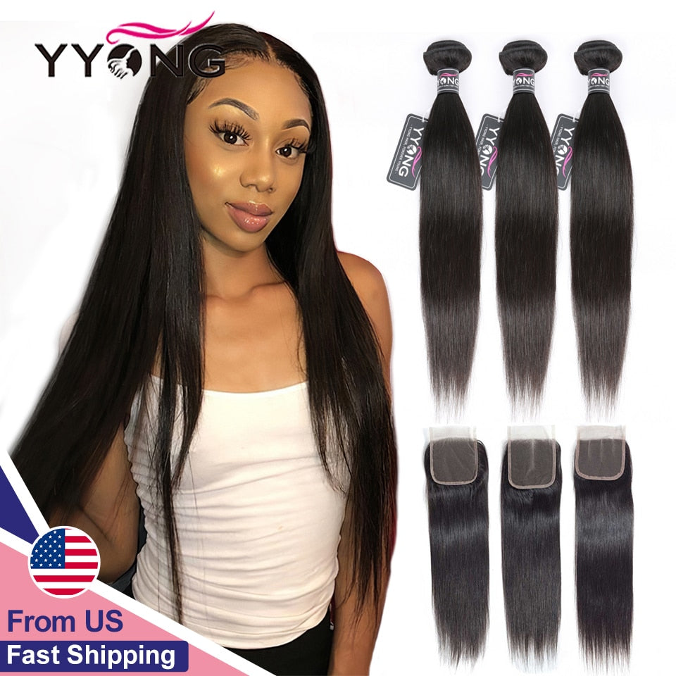 Peruvian Straight Hair 4/ 3 Bundles Remy Human Hair Extension With 4*4 Lace Closure