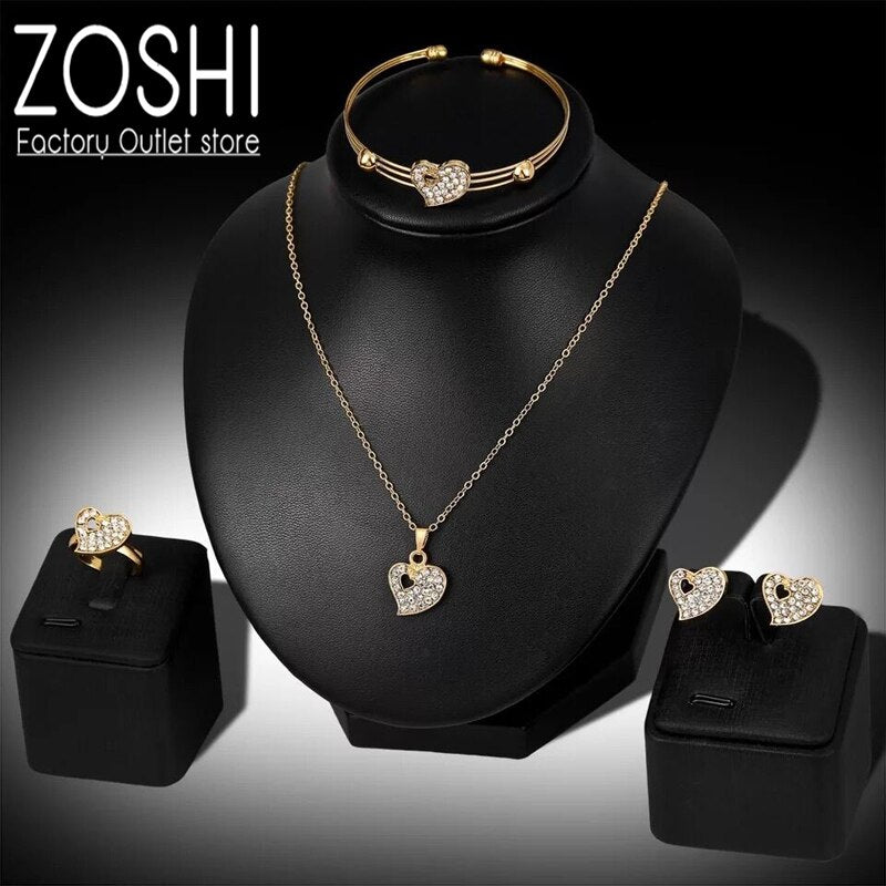 Fashion Dubai Gold Jewelry Sets Crystal Heart Necklace Bangle Ring Earrings Set Wedding Gift African Nigeria Jewelry for Women