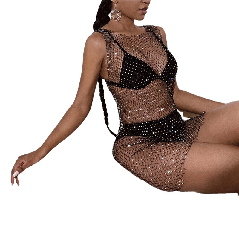 CHRONSTYLE Fishnet Hollow Out Rhinestone Dress Bikini Cover Ups 2021 Sexy Women Swimwear Sleeveless Black Summer Bathing Suits