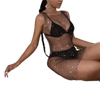 CHRONSTYLE Fishnet Hollow Out Rhinestone Dress Bikini Cover Ups 2021 Sexy Women Swimwear Sleeveless Black Summer Bathing Suits