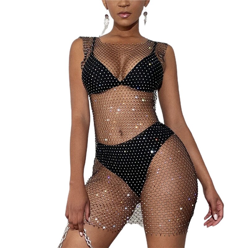 CHRONSTYLE Fishnet Hollow Out Rhinestone Dress Bikini Cover Ups 2021 Sexy Women Swimwear Sleeveless Black Summer Bathing Suits