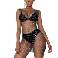 CHRONSTYLE Fishnet Hollow Out Rhinestone Dress Bikini Cover Ups 2021 Sexy Women Swimwear Sleeveless Black Summer Bathing Suits