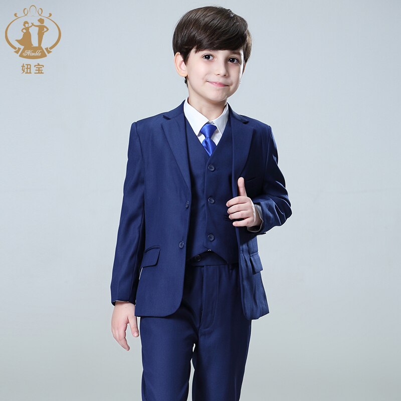 Nimble Spring Autumn Formal Suit for Boy Children Party Host Wedding Costume Wholesale Clothing Coat Pants Vest 3Pcs Blue Blazer