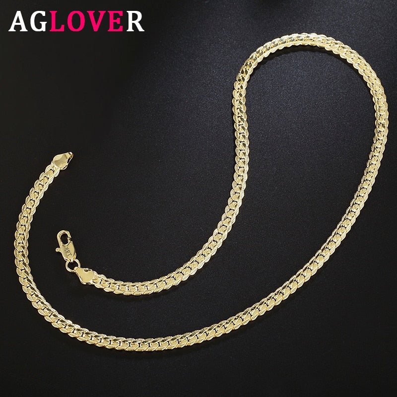 AGLOVER 925 Sterling Silver 20 Inch 18k Gold 6mm Full Sideways Chain Necklace For Women Man Fashion Jewelry Charm Necklace Gift