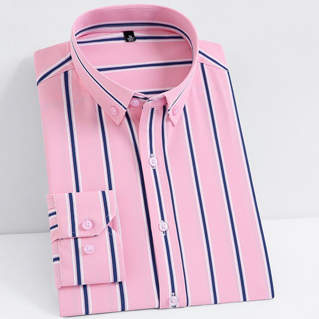 Men's Classic Non-iron Stretch Striped Basic Dress Shirt Single Patch Pocket