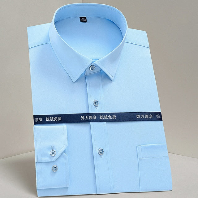 Men's Classic Non-iron Stretch Striped Basic Dress Shirt Single Patch Pocket