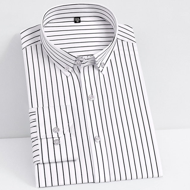 Men's Classic Non-iron Stretch Striped Basic Dress Shirt Single Patch Pocket