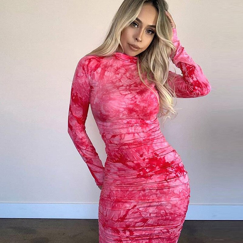 Tie Dye Dress 2021 Women Bodycon Long Sleeve Zipper Dress