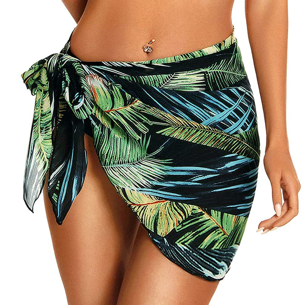 Boho Pareo Swimwear Cover Ups Women Leaf Print Skirt Lace-up Beach Dress Chiffon Skirt Swimming Bikini Beach Cover Ups Swimsuit