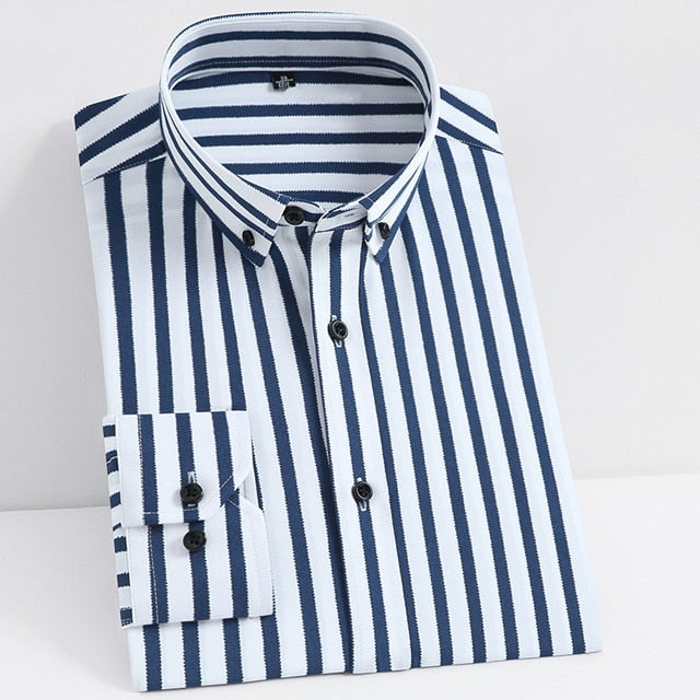 Men's Classic Non-iron Stretch Striped Basic Dress Shirt Single Patch Pocket