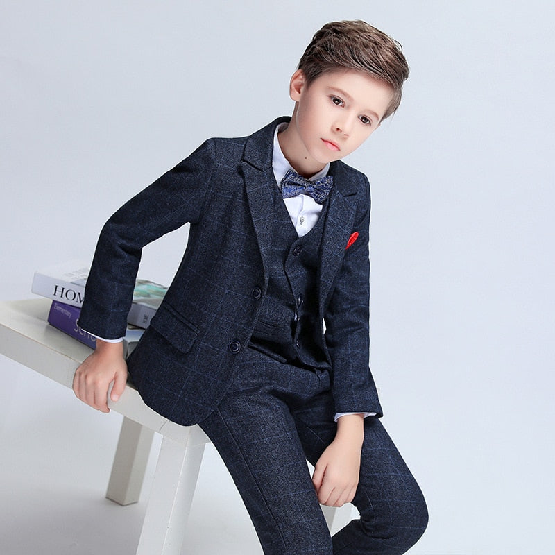 Brand Flowers Boys Formal Suit Wedding campus student Tuxedo Dress Gentleman Kids Jacket Vest Pants 3Pcs ceremony Costume