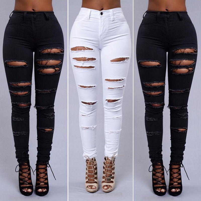 Women Pencil Stretch Casual Slim Denim Hole Skinny Jeans High Waist  Pants  Jeans Trousers