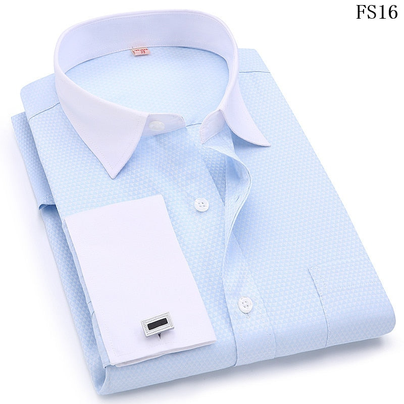 Men's Dress Shirts French Cuff Slim Fit Blue White Long Sleeved  Shirt