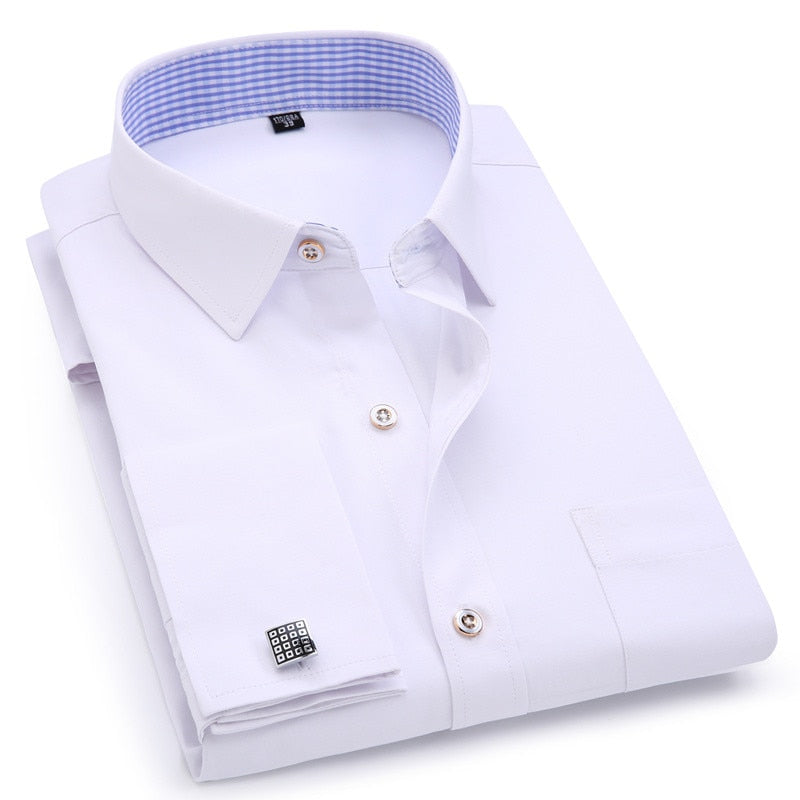 Men's Dress Shirts French Cuff Slim Fit Blue White Long Sleeved  Shirt