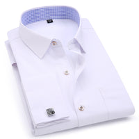 Men's Dress Shirts French Cuff Slim Fit Blue White Long Sleeved  Shirt