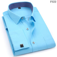 Men's Dress Shirts French Cuff Slim Fit Blue White Long Sleeved  Shirt