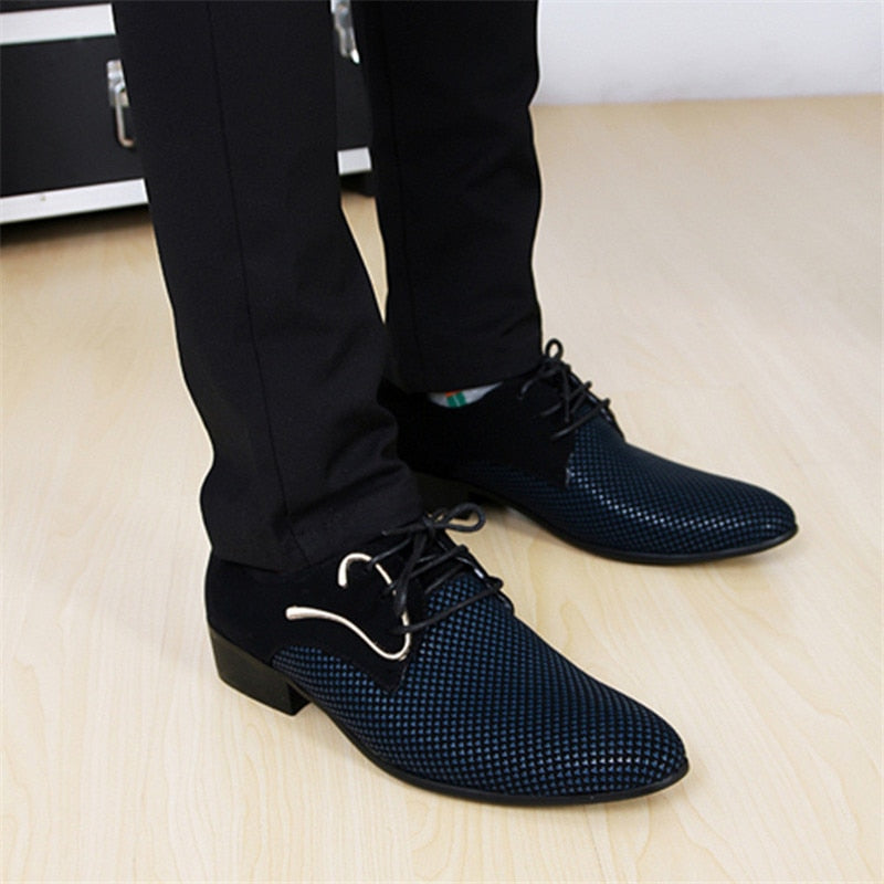 Mens Leather Concise Shoes Men's Business Dress Pointy Plaid Shoes