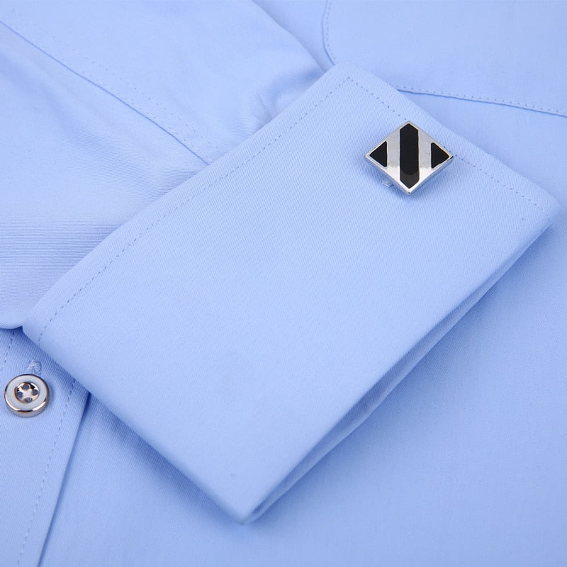 Men's Dress Shirts French Cuff Slim Fit Blue White Long Sleeved  Shirt