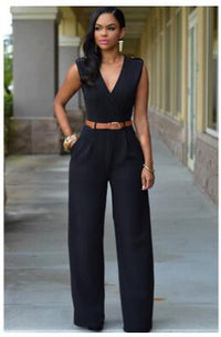 Women sashes high waist v-neck loose wide leg pants summer jumpsuit Casual Rompers overalls for female women jumpsuits women