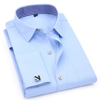 Men's Dress Shirts French Cuff Slim Fit Blue White Long Sleeved  Shirt