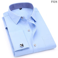 Men's Dress Shirts French Cuff Slim Fit Blue White Long Sleeved  Shirt