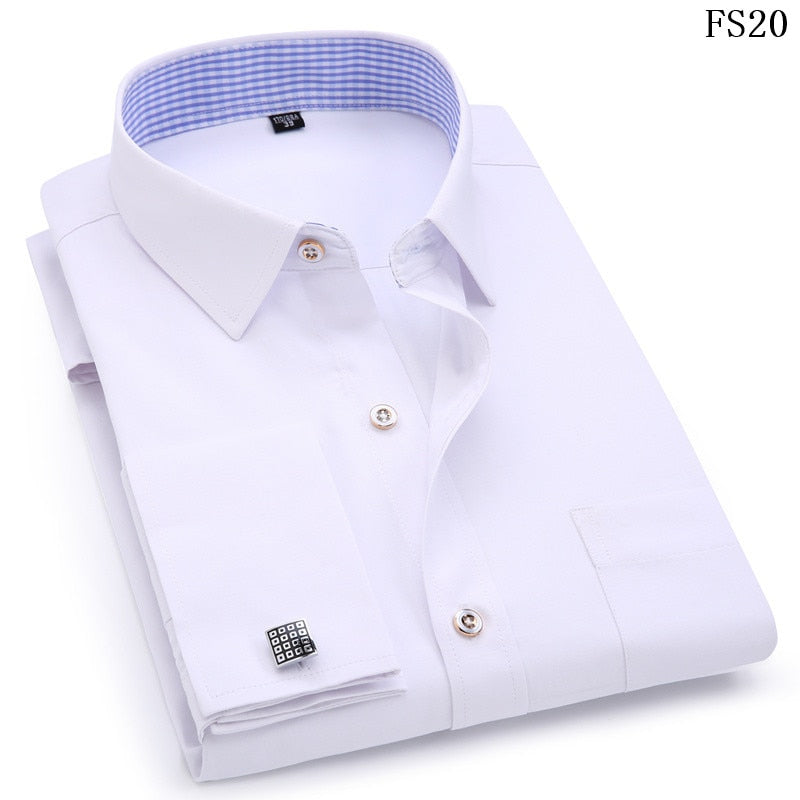 Men's Dress Shirts French Cuff Slim Fit Blue White Long Sleeved  Shirt