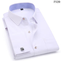 Men's Dress Shirts French Cuff Slim Fit Blue White Long Sleeved  Shirt