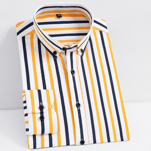 Men's Classic Non-iron Stretch Striped Basic Dress Shirt Single Patch Pocket